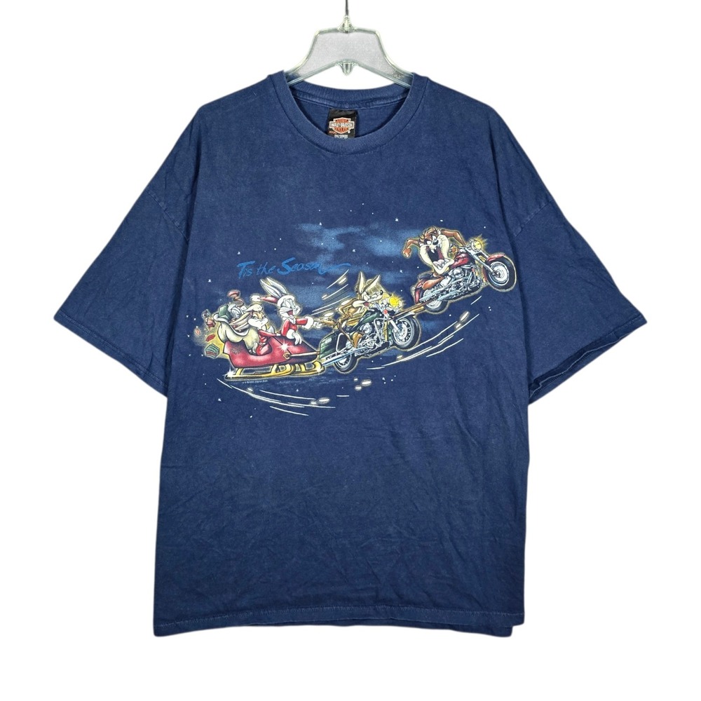 Vintage Harley Davidson T-Shirt Men 3XL Looney Tunes Blue Christmas 2000 Y2K USA